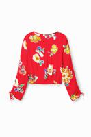 Korte aangerimpelde blouse met bloemen - RED - L