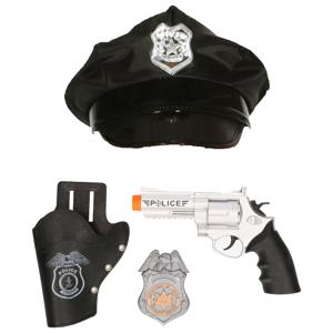 Carnaval verkleed politiepet - zwart - met pistool/badge - heren/dames - verkleedkleding accessoires