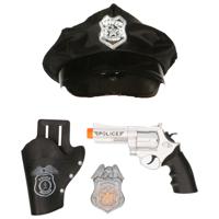 Carnaval verkleed politiepet - zwart - met pistool/badge - heren/dames - verkleedkleding accessoires