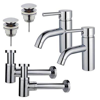 Fortifura Calvi Wastafelkraanset - voor dubbele wastafel - lage wastafelkraan - klikwaste plug - verlaagde design sifon - Chroom 2x SW377810/2x SW696203/2x SW696219