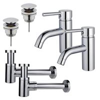 Fortifura Calvi Wastafelkraanset - voor dubbele wastafel - lage wastafelkraan - klikwaste plug - verlaagde design sifon - Chroom 2x SW377810/2x SW696203/2x SW696219