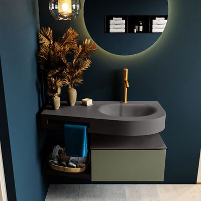 MONDIAZ RIVA 100cm badmeubel onderkast / planchet kleur Army met 1 lade. Wastafel DULCET rechts 1 kraangat kleur Dark_Grey. MONDIAZ RIVA 100cm badmeubel onderkast / planchet kleur Army met 1 lade. Wastafel DULCET rechts 1 kraangat kleur Dark_Grey.