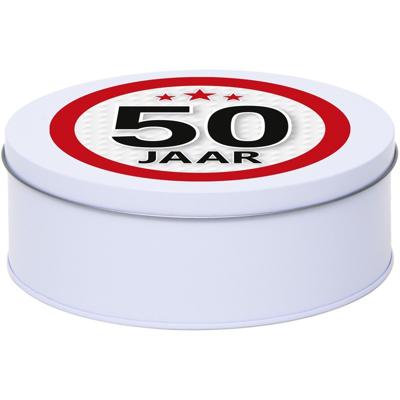 Leeftijd Snoeptrommel - koektrommel Cadeau - wit - rond blik - met 50 jaar sticker