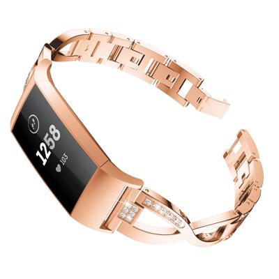 X-vormige diamant-bezaaid metalen stalen polsband horloge band voor Fitbit charge 3 (Rose goud)
