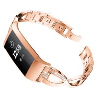 X-vormige diamant-bezaaid metalen stalen polsband horloge band voor Fitbit charge 3 (Rose goud)