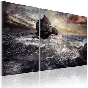 Schilderij - Schip in zware Storm II, 3luik , zwart wit , wanddecoratie , premium print op canvas