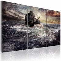 Schilderij - Schip in zware Storm II, 3luik , zwart wit , wanddecoratie , premium print op canvas