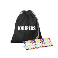 Canvas knijperzak/ opbergzakje knijpers zwart met koord 25 x 30 cm en 48 plastic wasknijpers - thumbnail
