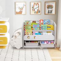 Boekenkast voor Kinderen in Automotive Stijl met 4 Niveaus en 2 Opbergdozen Speelgoedkast Speelgoedorganizer 108 x 35 x 63,5 cm