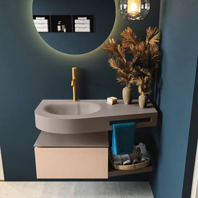 MONDIAZ RIVA 100cm badmeubel onderkast / planchet kleur Rosee met 1 lade. Wastafel DULCET links 1 kraangat kleur Smoke.