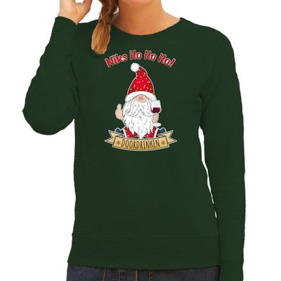 Foute Kersttrui/sweater voor dames - Wijn kabouter/gnoom - groen - Doordrinken Foute Kersttrui/sweater voor dames - Wijn kabouter/gnoom - groen - Doordrinken