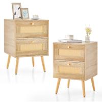 2-Delige Set Rieten Nachttafel in Boho-Stijl met 2 Lades en Massief Houten Poten Nachtkastje