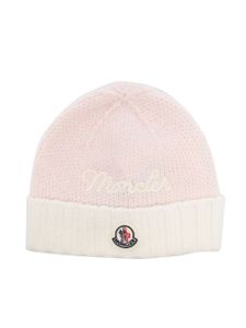 Moncler Enfant bonnet en laine vierge à patch logo - Rose