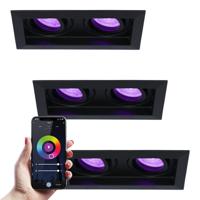Set van 3 Durham Dubbel smart inbouwspots vierkant - Wifi + Bluetooth - RGBWW - GU10 11 Watt 670 Lumen - Kantelbaar - Google Home, Amazon Alexa en Siri - Zwart