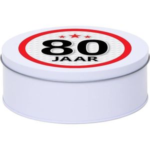 Wit bewaarblik/opbergblik 18 cm met 80 jaar sticker - Cadeaudoosjes