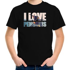 Tekst t-shirt I love penguins met dieren foto van een pinguin zwart voor kinderen