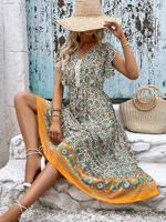 V Neck Floral Casual Dress With No