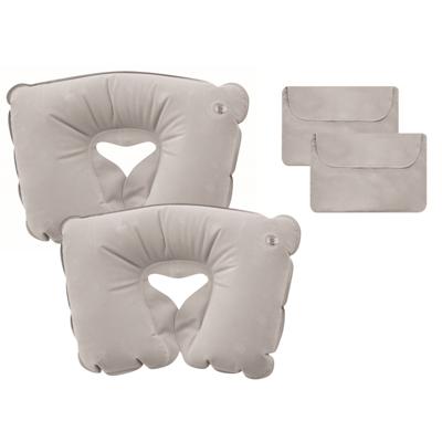 Opblaasbaar nekkussen - 2x - grijs - pvc - 35 x 23 x 9 cm - vliegtuig/trein/auto