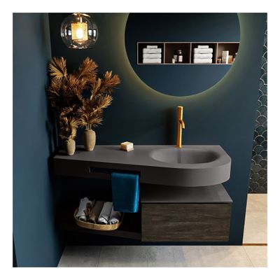 Mondiaz Riva 120cm badmeubel onderkast planchet dark brown met 1 lade wastafel rechts 1 kraangat kleur dark grey