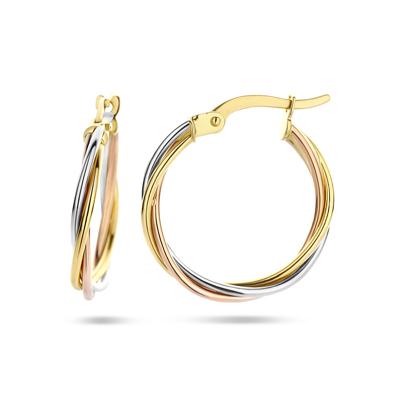 14k Tricolor Gouden Oorringen Gedraaide Buis 20x2mm - Wit, Rosé & Geel