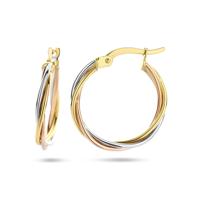 14k Tricolor Gouden Oorringen Gedraaide Buis 20x2mm - Wit, Rosé & Geel