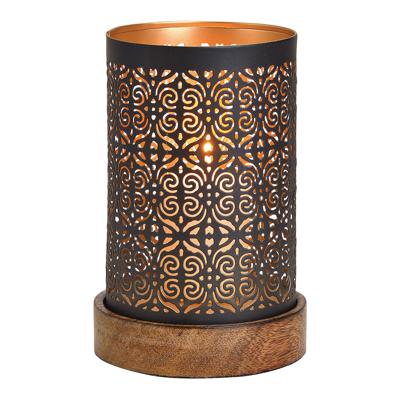 Windlicht van metaal op houten sokkel, zwart (B/H/D) 10x18x10 cm