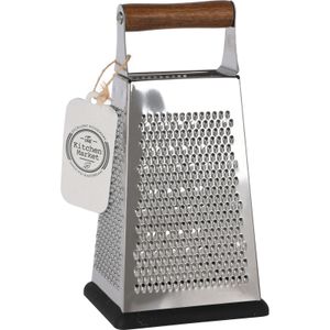 RVS keuken rasp 4-zijdig met houten handvat en anti-slip bodem - H22cm