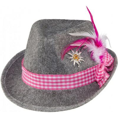 2x stuks grijze Oktoberfest tiroler dameshoed met roze band