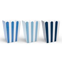 Gestreepte popcorn bakjes blauw - 6x stuks - 7,5 x 7,5 x 12,5 cm - Snoep bakjes