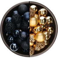 74x stuks kunststof kerstballen mix van donkerblauw en goud 6 cm