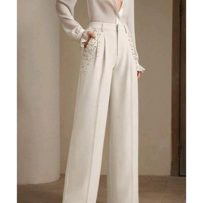 Bon&Bon Women's Pearl Ornament Suit Pants - Apricot Polyester Trousers S(36)