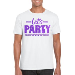 Verkleed T-shirt voor heren - lets party - wit - glitter paars - carnaval/themafeest