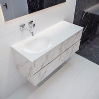 Mondiaz Vica Moon badmeubel wit carrara mat 120 cm 4 lades solid surface enkele spoelbak links zonder kraangat