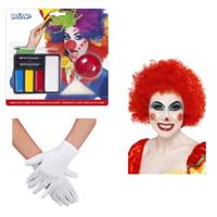 Clown verkleedset - pruik - rood - schmink - neus - handschoenen - carnaval Clown verkleedset - pruik - rood - schmink - neus - handschoenen - carnaval