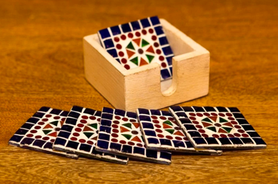 Mozaïek onderzetters Cantara multi-colour/blauw in houten box