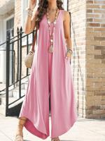 Plain Regular Fit Crew Neck Casual Jumpsuit