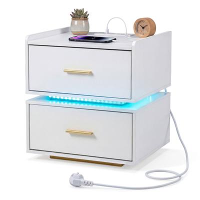 Nachtkastje met Oplaadstation LED-Bedtafel met 2 Opberglades Moderne Half Zwevende Bijzettafel met Robuuste Metalen Voet Zwart/Wit-Wit