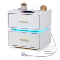 Nachtkastje met Oplaadstation LED-Bedtafel met 2 Opberglades Moderne Half Zwevende Bijzettafel met Robuuste Metalen Voet Zwart/Wit-Wit