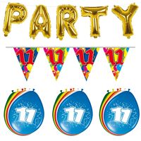 Verjaardag feestversiering 11 jaar PARTY letters en 16x ballonnen met 2x plastic vlaggetjes - thumbnail