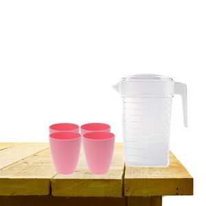 Set van 1x waterkan 1 liter met 4x drinkbekers kunststof roze