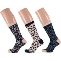 Dames fashion sokken 3-pak luipaard print beige/navy maat 35-42 35/42  -