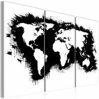 Schilderij - Wereldkaart - Monochromatisch kaart van de Wereld, Zwart-Wit, 3luik , premium print op canvas - thumbnail