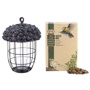 Metalen vogel voedersilo eikel aan hanger 29 cm met 4-seizoenen vogel strooivoer 2,5 kg