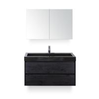 Dante Badmeubelset 100 cm - Black Oak - Wastafel Hardsteen Wit Lucca - met Spiegelkast