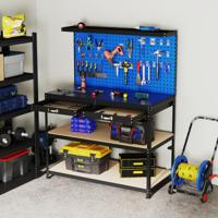 121 x 61 cm 230 kg Stevige Metalen Werktafel met 3 Geperforeerde Panelen 24 Ophangaccessoires voor Thuis Garage Werkplaats Blauw/Zwart