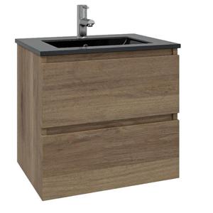 Adema Chaci Badkamermeubelset - 60x46x57cm - 1 keramische wasbak zwart - 1 kraangat - 2 lades - eiken SW1212759/SW761654