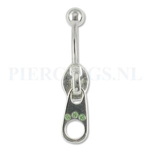 Navelpiercing sterling zilver rits met kristal lichtgroen