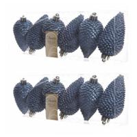 Kersthangers dennenappels - 12x st - donkerblauw - glitter - 8 cm - kunststof - kerstversiering