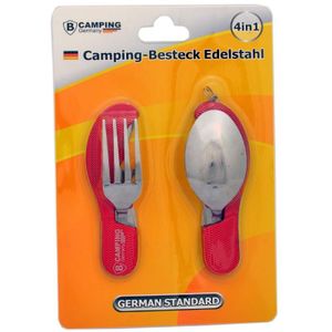 4-in-1 Inklapbaar Camping Bestek - Vork / Lepel / Mes / Flesopener - Roestvrij staal - Survival Bestek Rood