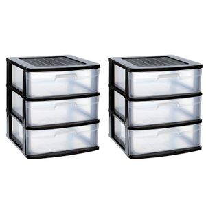 2x stuks ladeblok/bureau organizer met 3x lades zwart/transparant L40 x B39 x H39.5 cm